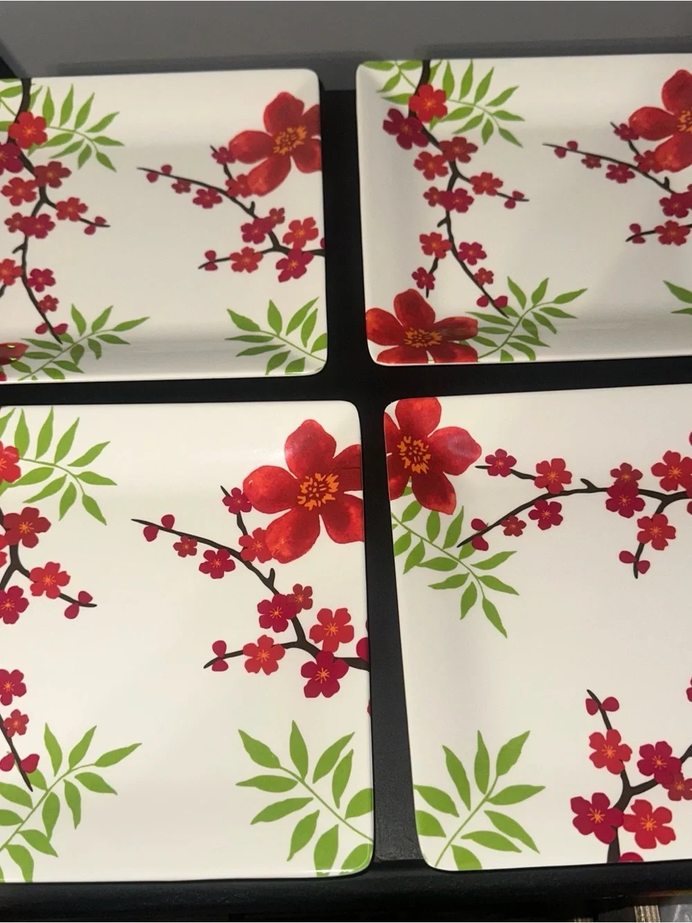 Set of 4 Bed Bath & Beyond White Dinner Plate with Red Floral Pattern